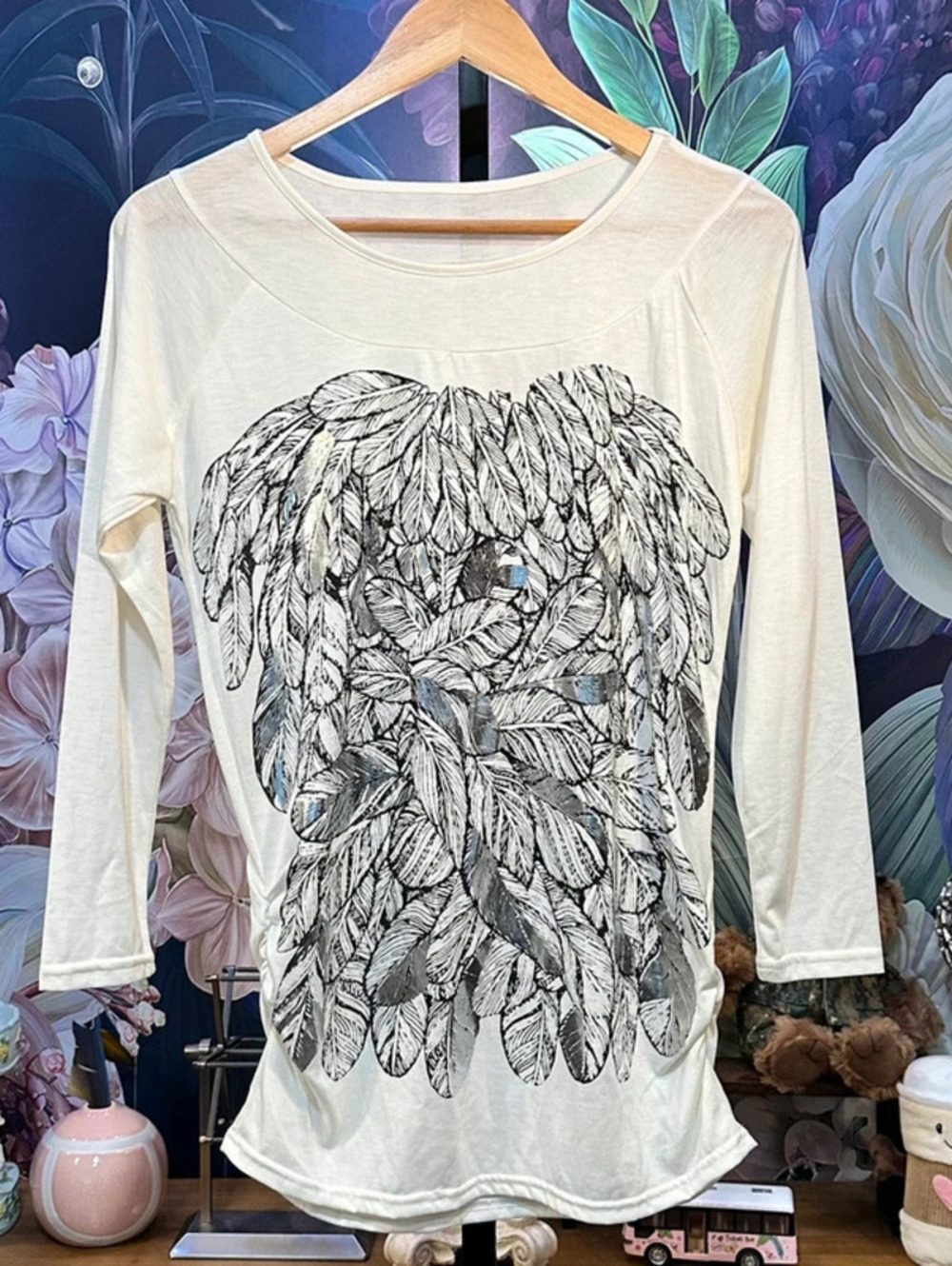 3/4 Sleeve M Top Feather Print Metallic Accent Casual Boho Festival Unbranded